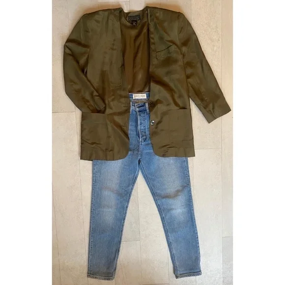 Vintage 90's Express Silk Blazer Olive Green Oversized Blazer - Picture 8 of 8
